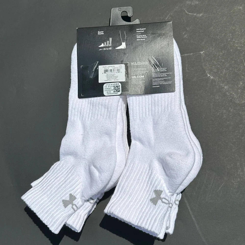 NEW Under Armour Youth 6 pk Ankle Training Athletic Socks (White)- shoe 13.5K-4Y